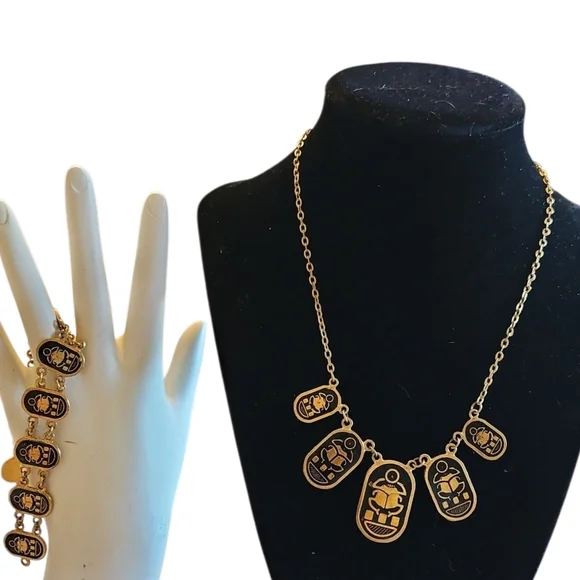 Egyptian Gold Tone & Blue Enamel Pendant Necklace & Bracelet