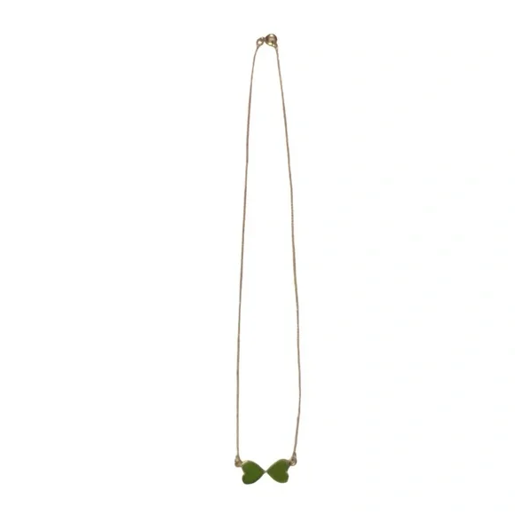 Vintage green faux jade double heart necklace delicate 16”