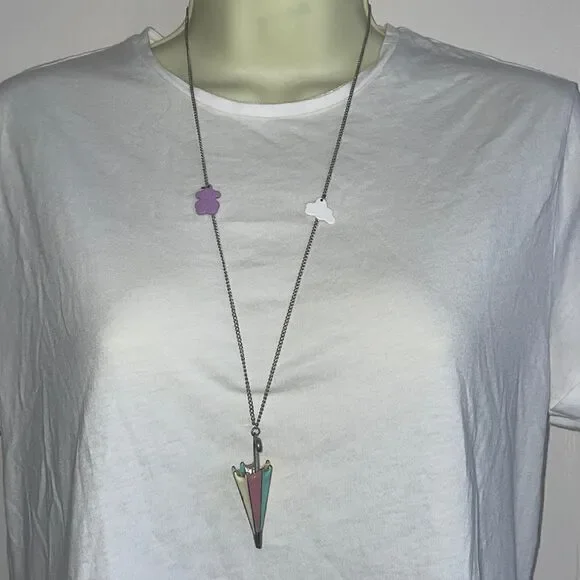 Silver tone necklace with‎ pastel enamel painted umbrella pendant