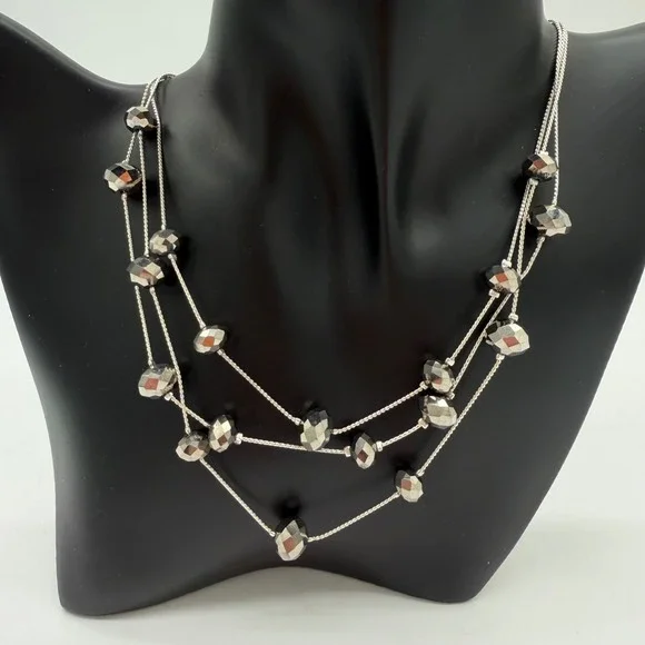 Vintage‎ Multi Strand Silver Tone Faceted Bead Necklace Layered Statement