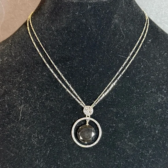 Etienne Aigner Silver Tone Double Chain Pendant Necklace – Black Stone