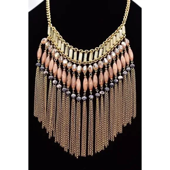 Vintage Fringe Statement Necklace Gold Peach Glass Beads Layered Boho Y2K BinBL
