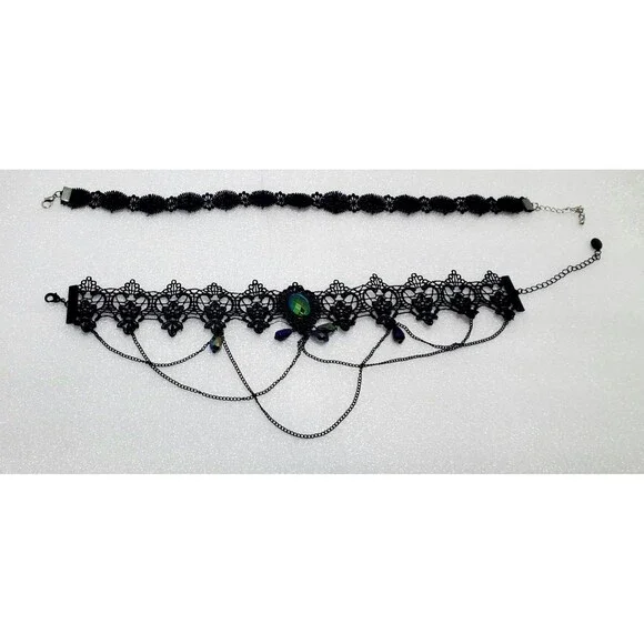 90s Floral Lace Choker Victorian Goth Style Faux Chains Black Vintage Revival