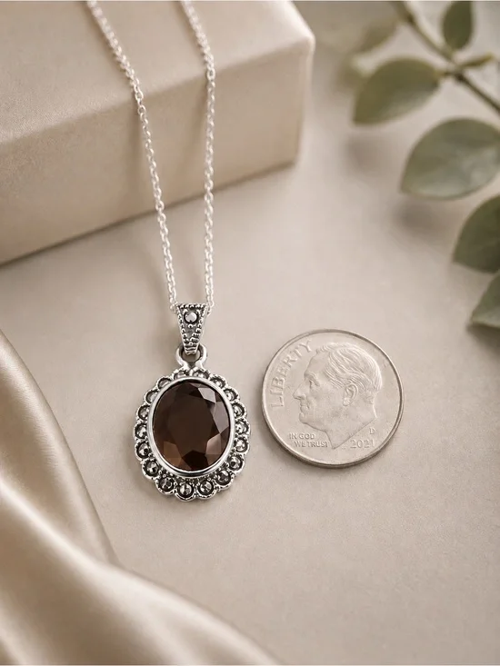 Sterling Silver Art Deco Style Quartz Marcasite Pendant /Sterling Plate Chain