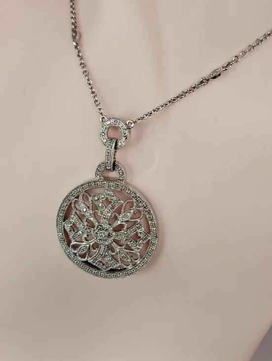 Vintage Art Deco Diamond Medallion Necklace Sterling Silver Necklace 17