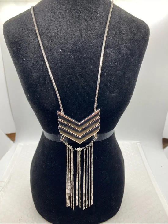 Lane Bryant Silver Tone Chevron Fringe Pendant Necklace-Long Statement Necklace