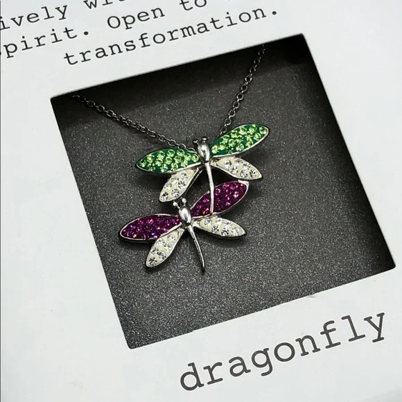 Silver plated dainty chain colorful crystal sparkling dragonfly necklace NEW.
