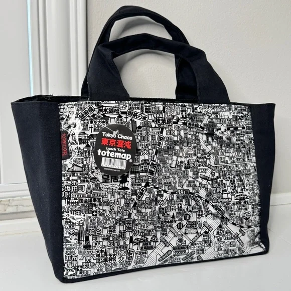 Black White Tote Bag Vinyl Tokyo Japan Map Inside Pocket
