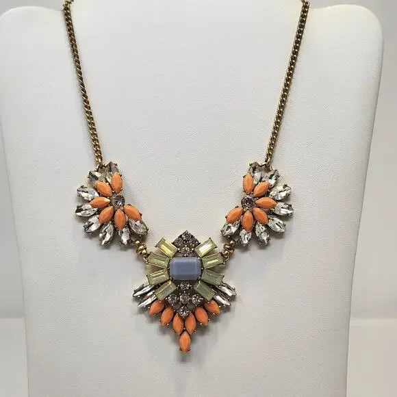 J Crew Orange Green Clear Rhinestone Cluster Statement Necklace Gold Tone