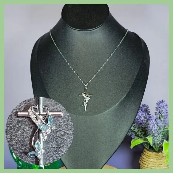 Silver Cross Necklace With Blue Butterflies‎ (NWOT)