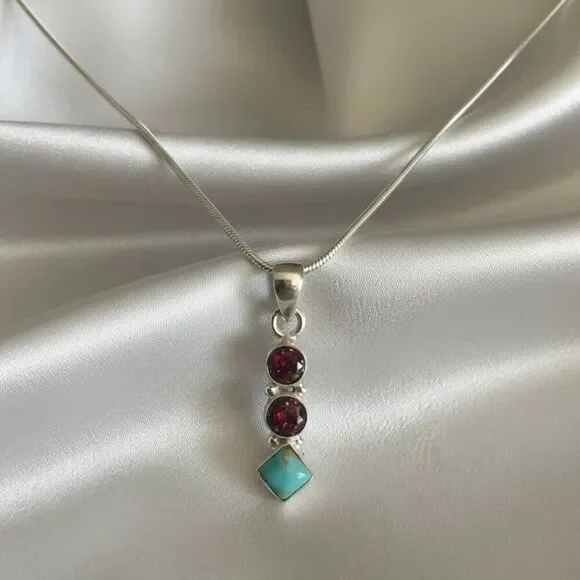 Southwestern Turquoise & Fire Opal Pendant Necklace Sterling Silver 18