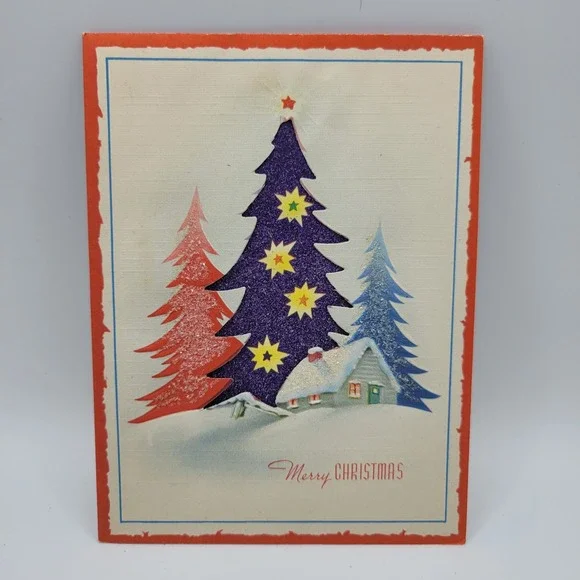 Vintage Merry Christmas Card, Glitter Trees Cottage USA Made‎ Religious Verse