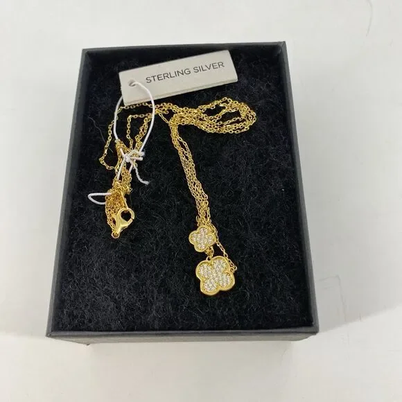 Rachel Zoe CZ Pavé Double Clover Necklace Gold Plated 925 Sterling Silver 18”