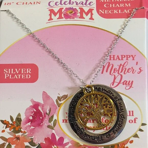 Vintage Silver Plated Mothers Day Family Tree Metallic‎ Charm Necklace