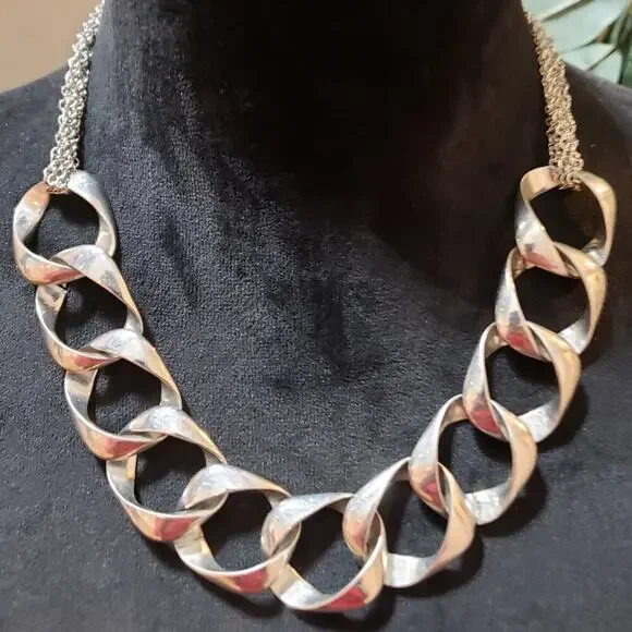 Womens Fashion Silver Tone Circular Curb Chain Necklace Jewelry w/ Lobster Clasp