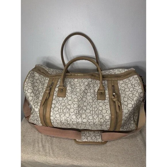 Calvin Klein Travel Weekender Duffle Bag All Over Logo Eggshell Beige Large 21”