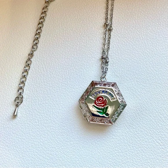 Silver Hexagon Rose Locket Necklace