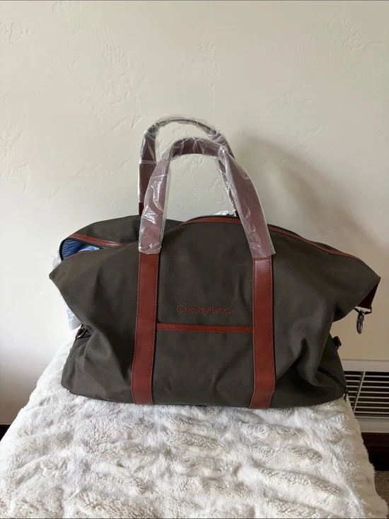 Olive Canvas Weekender Bag with Brown Leather Trim