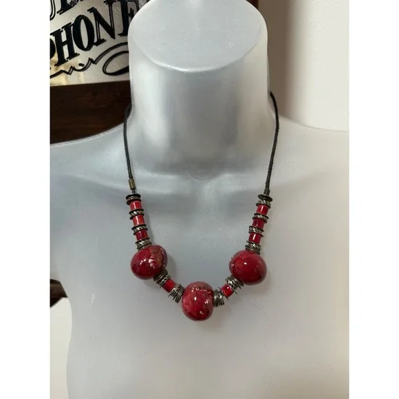Statement Necklace Womens Vintage Red Excellent Vintage Artisan Brass Bead