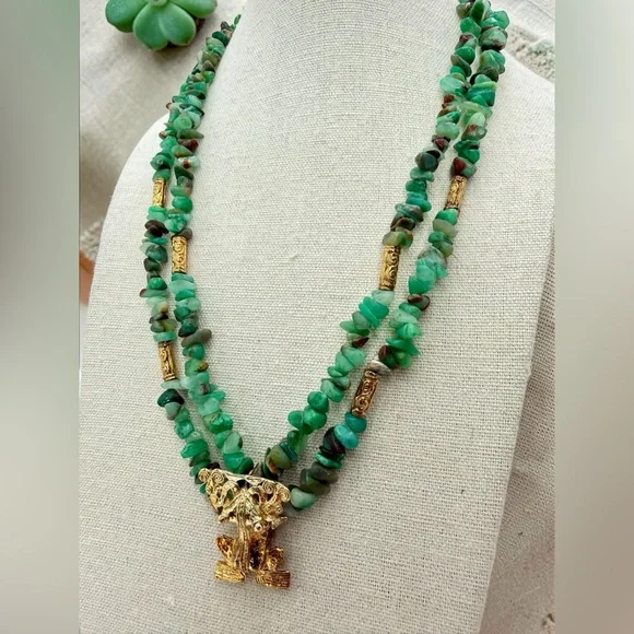 Artisan Chrysoprase Chip Necklace w R 925 Stamp Sterling Frog Pendant Green 18”