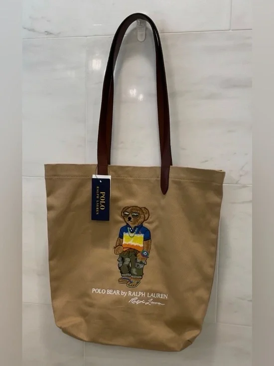 Polo Ralph Lauren Khaki Tan BEACH SHOP BEAR Cotton Twill Embroidered Tote Bag