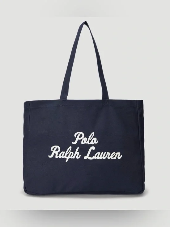 NWT Polo Ralph Lauren NAVY BLUE Cotton Chain Stitch Embroidered Canvas Tote Bag