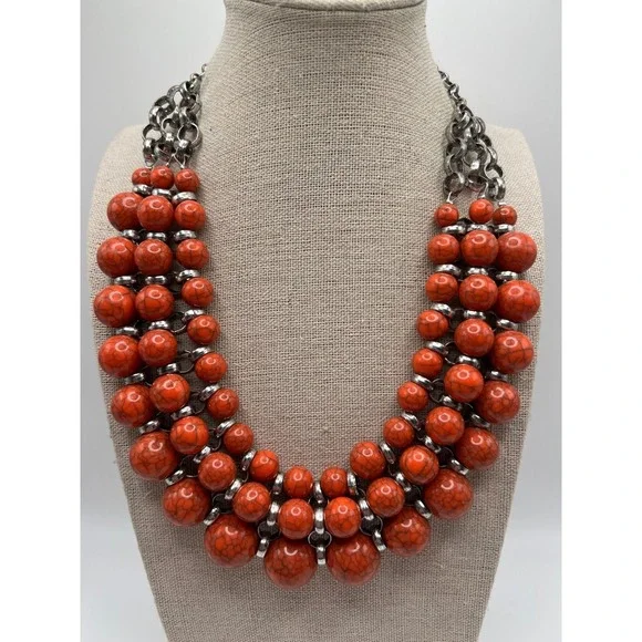 Orange Faux Stone Bib Necklace Statement Collar Boho Maximalist Acrylic Silver