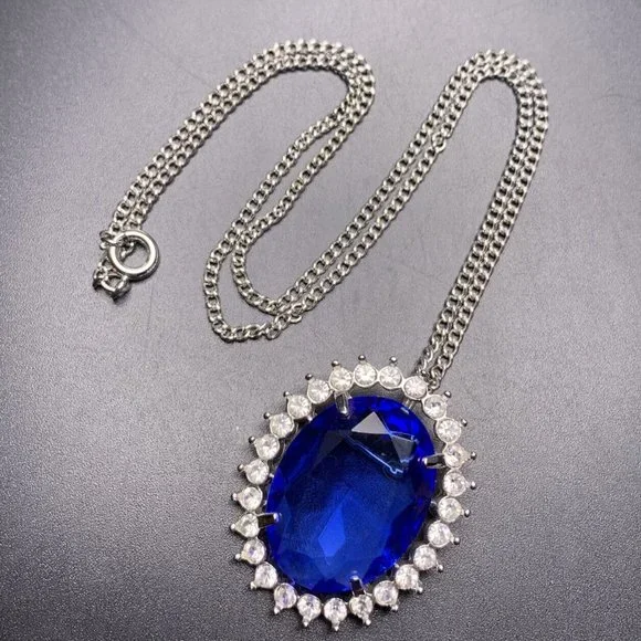 Faux Sapphire Pendant Necklace or Brooch Glass Oval Silver Tone Glam Vintage