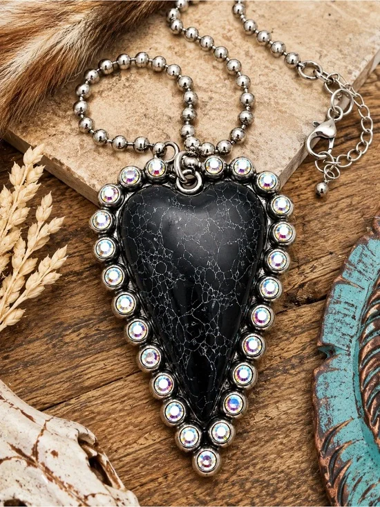 Western Black Arrowhead Statement Necklace Rhinestone Pendant Boho Cowgirl