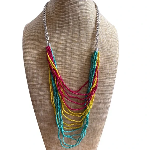 Multi Strand Seed Bead Bib Statement Necklace Colorful Silver Tone Chain