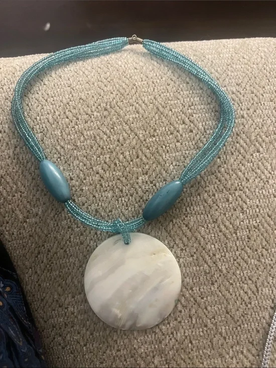 Blue Beaded Necklace with Mother-of-Pearl Pendant