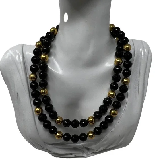 Vintage Napier Beaded Necklace Black and Gold Beads Elegant Classic‎