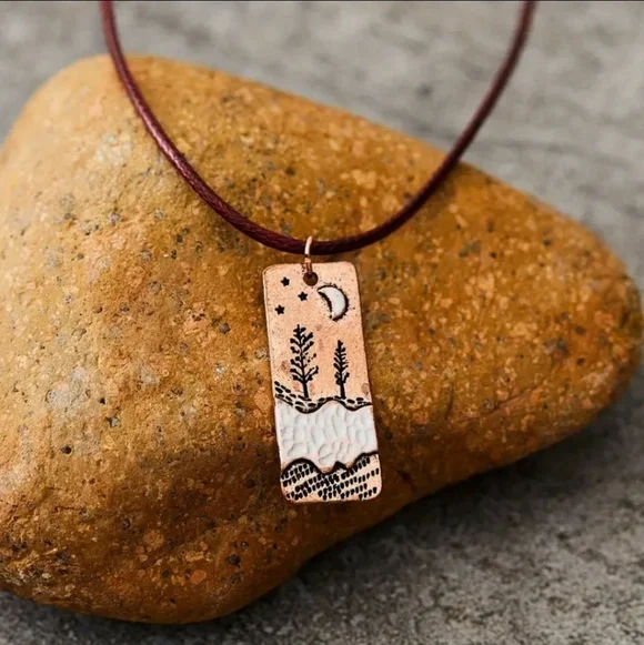 Bohemian Copper- Colored Square Pendant Necklace With Moon On Cord
