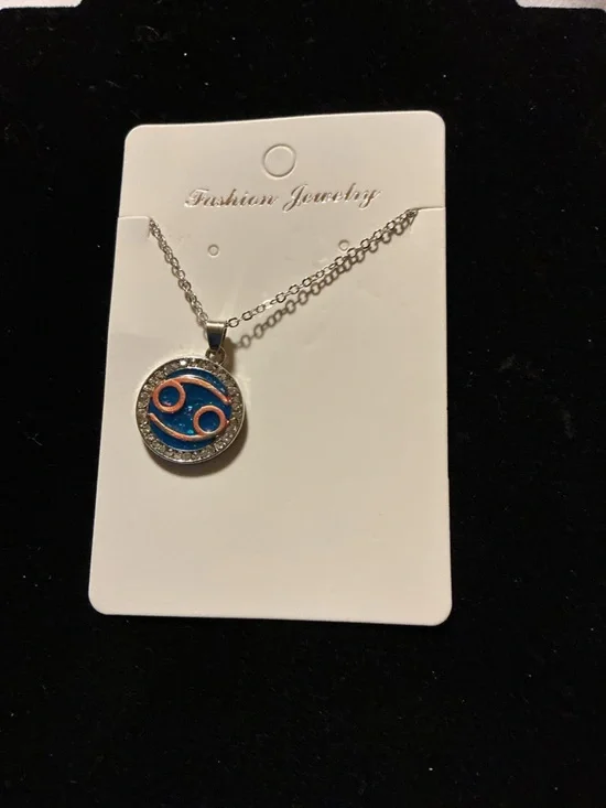 Cancer Zodiac Necklace Blue Round Pendant Rhinestone Accen