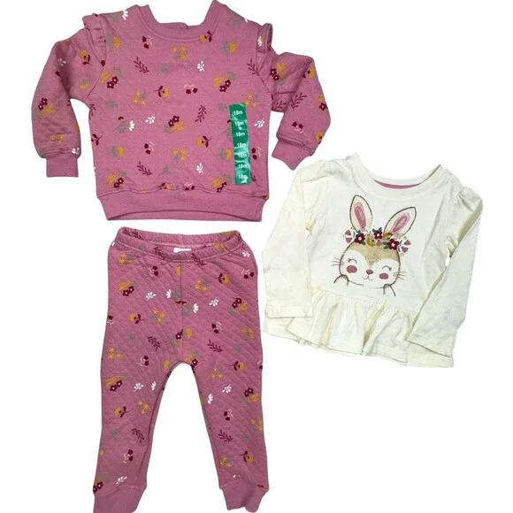 Koala Baby 3 Piece 18 Month Quilted Set Mauve Bunny Pink Pant Blouse Sweatshirt