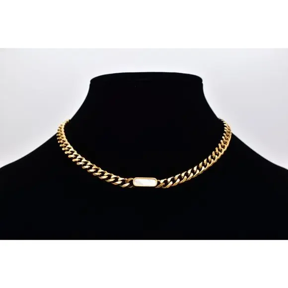 Eleven + Vyn Gold Cuban Chain Necklace Collar Abalone Mother of Pearl Bar BinAU