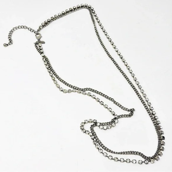 Chico’s Layered Long Necklace Silver Tone Chain & Clear Rhinestones