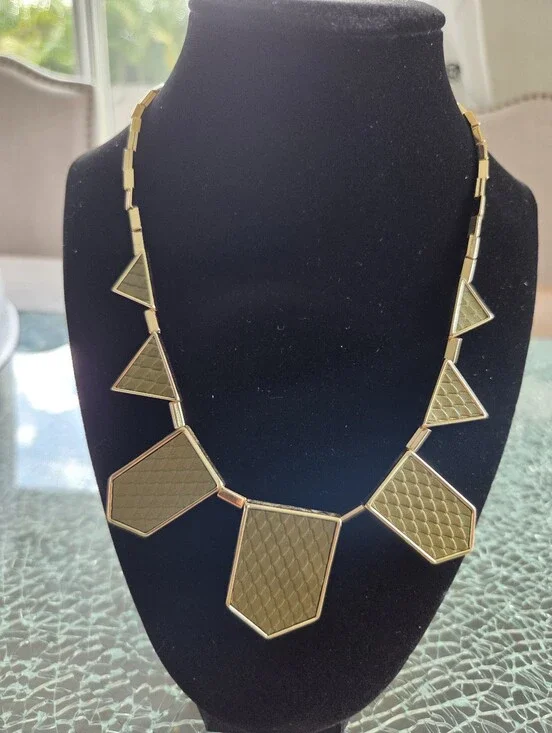 Gold Geometric Statement Necklace With Green Texture Panels - Women Jewelry