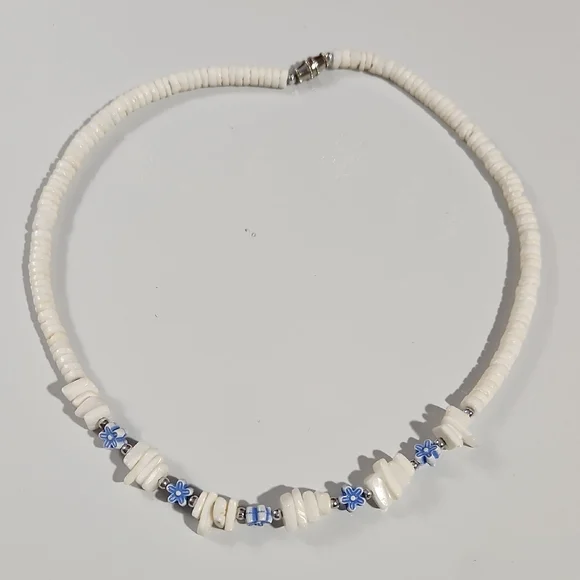 Puka Shell Necklace Blue Floral and Silver Accent Beads.