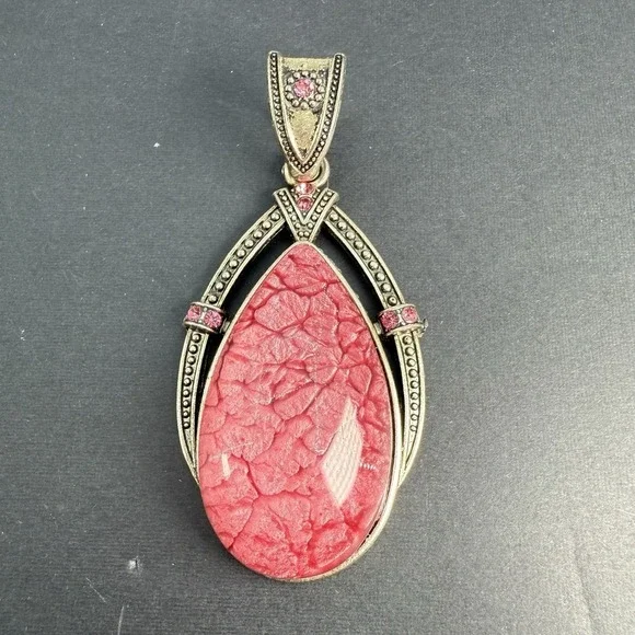Vintage Teardrop Pendant Necklace Pink Glass Red Rhinestones Pendant No Chain