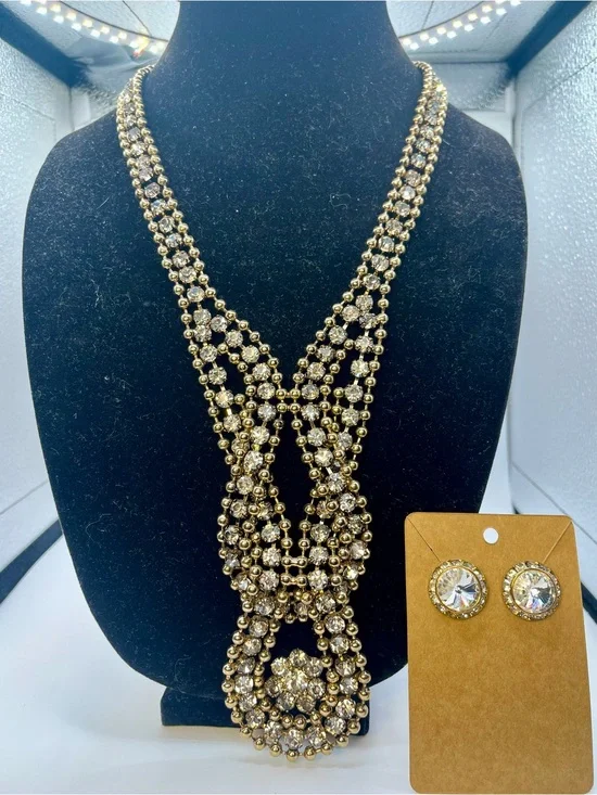 Gold Crystal Multi-Strand Statement Necklace with Matching Studs