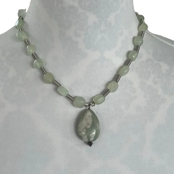 Green Gemstone Beaded Necklace & Earring Set | Drop Pendant & Wire Spacers