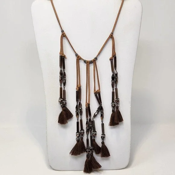 Saachi Brown Leather Fringed Tassel Necklace Collar Brown Glass Beads Boho