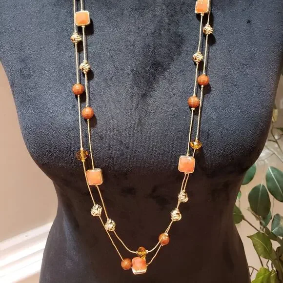 Womens Gold Tone Chunky Square Enameled Crystal Faceted Beads Station Necklace