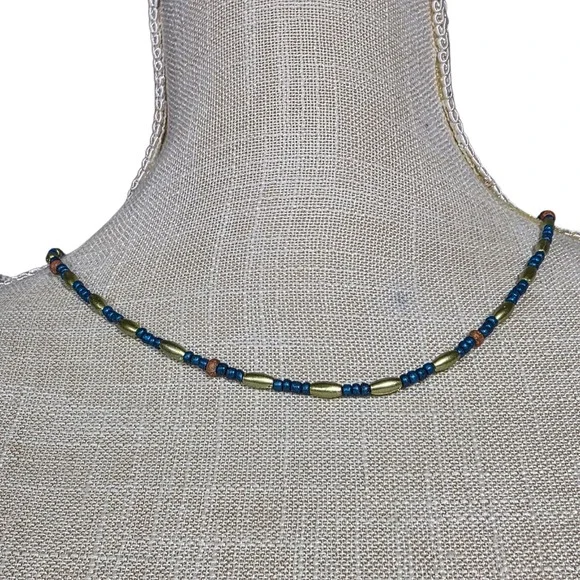 Beaded Necklace Boho Chic Gold Blue‎ Brown Accent Necklace Women
