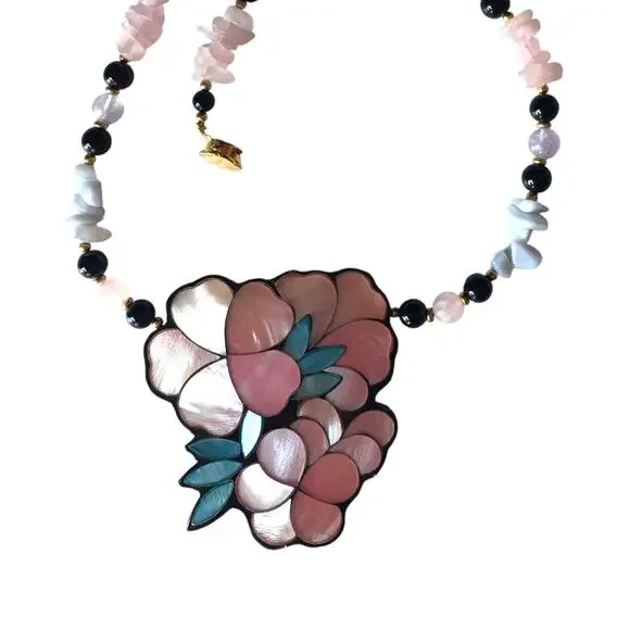 Huge flower pendant, semiprecious stone (rose quartz) statement necklace