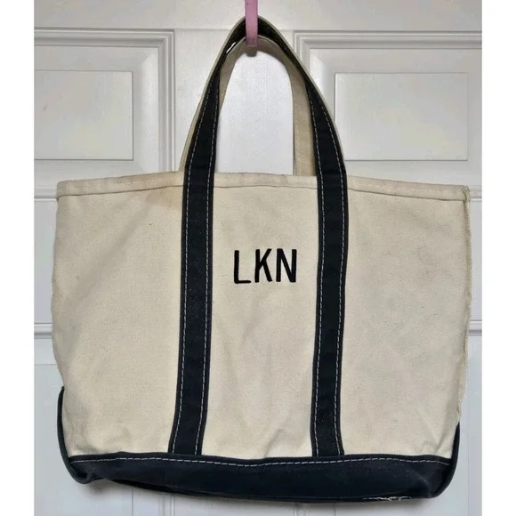 Vtg Sawtooth LL Bean Boat & Tote Bag Navy Blue White Canvas 17