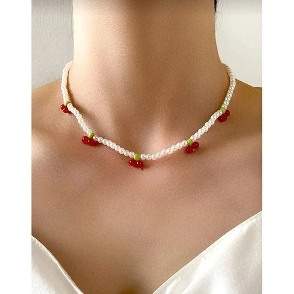 Beaded Cherry Necklace Choker White Red Dainty Boho Hippie Retro 70's Vibe
