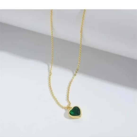 Gold Heart Pendant Necklace with Green Stone