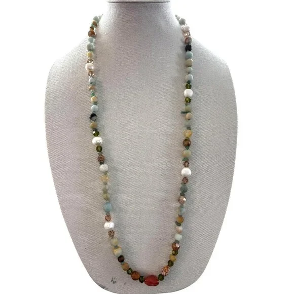 Handmade Gemstone & Freshwater Pearl Beaded Necklace Silver Clasp 36
